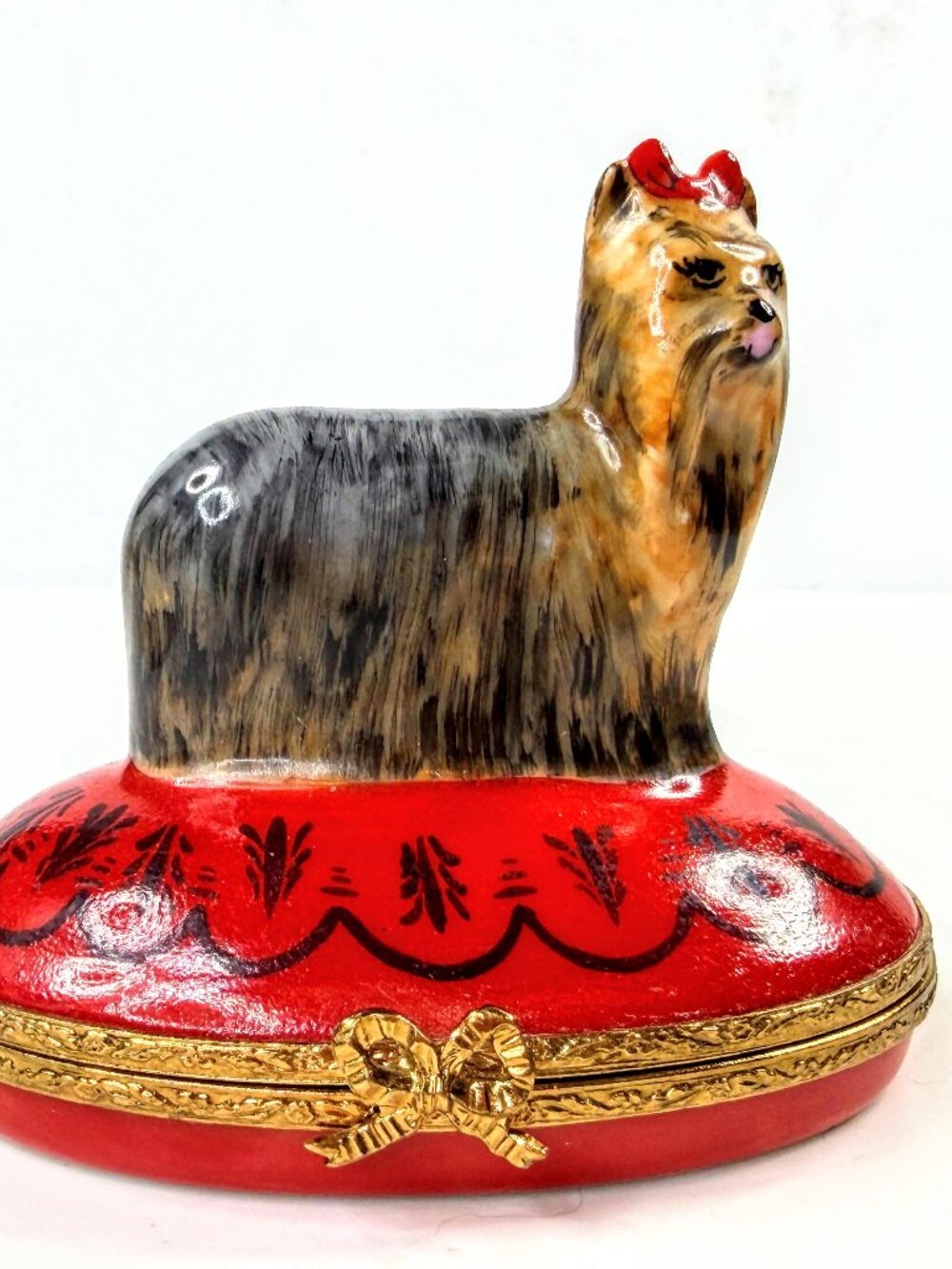 Artoria Limoges France Yorkie Dog Porcelain Trinket Box Red Pillow A1050